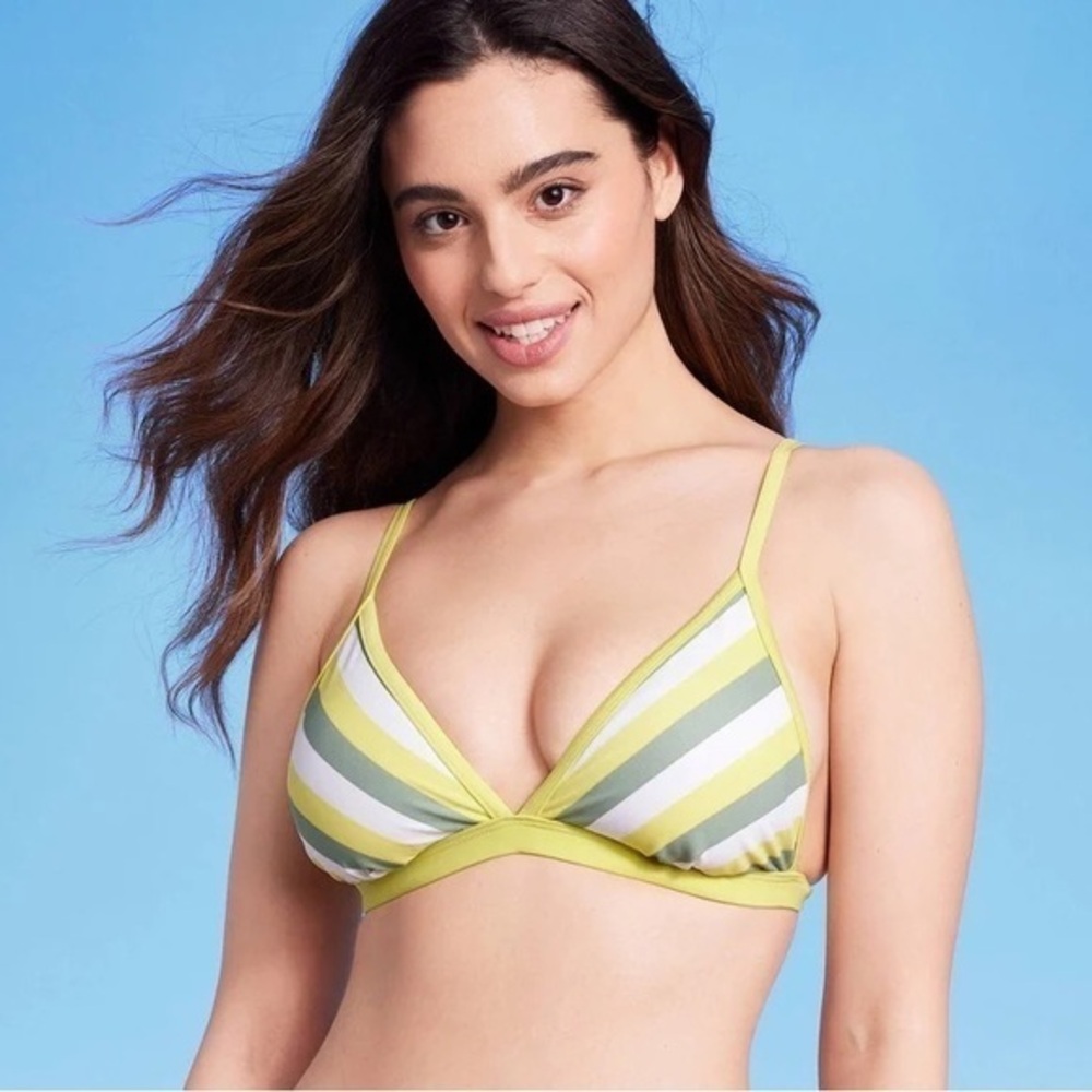 Kona Sol Medium Coverage Hipster Yellow & Green Stripped Bikini Top Small | NWT